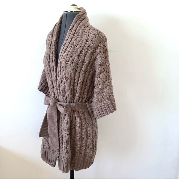 🧳TBD🧳 BCBGMaxAzria cable knit taupe brown wrap sweater sz XS - Picture 2 of 10